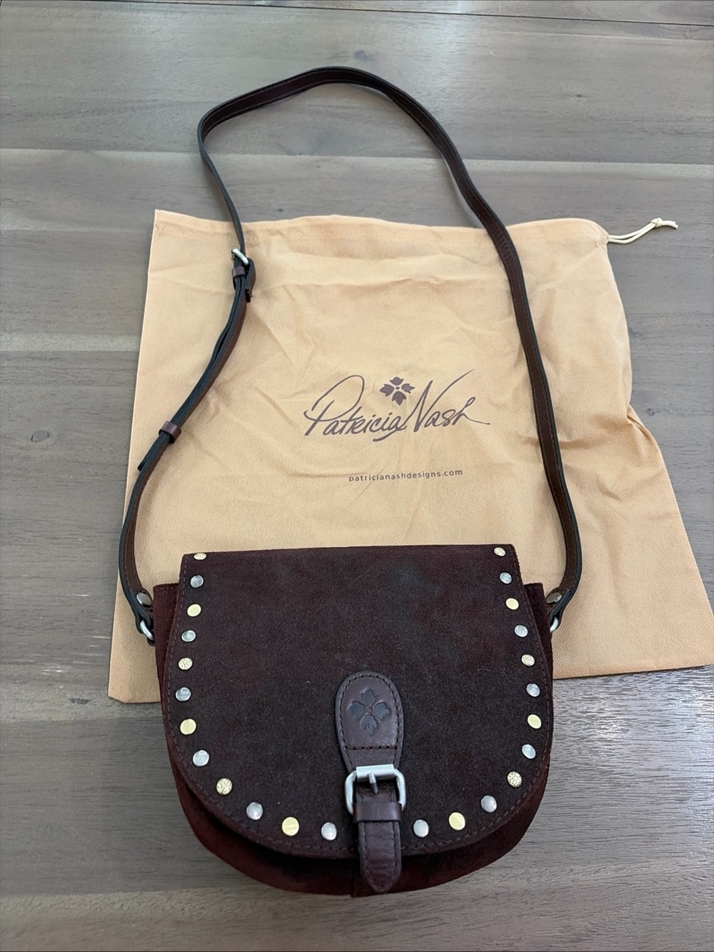 Patricia Nash Isola whiskey Suede Studded Crossbody Bag